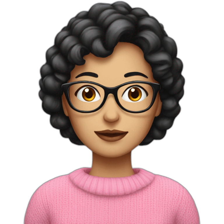 Lady with black hair, glasses, wearing pink jumper,  emoji