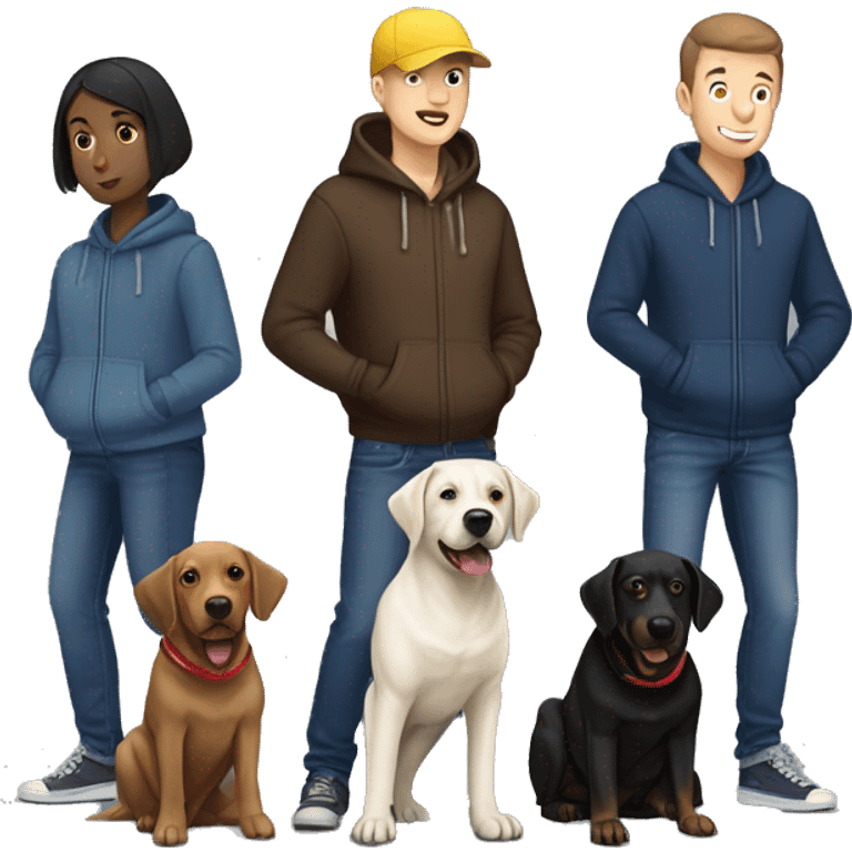 White Dog walker with short brown hair in blue hoodie, jeans, dark blue baseball cap with three black Labradors, three yellow Labradors, a chocolate Doberman with floppy ears and a black Doberman with floppy ears  emoji