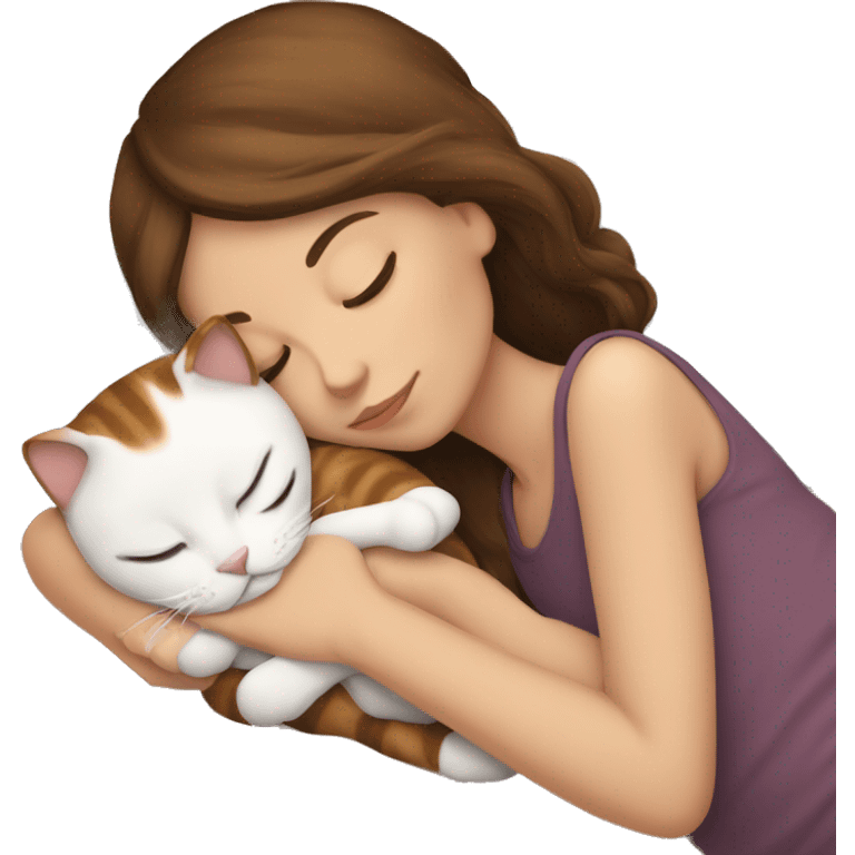 sleeping girl brown hair laying next to Calico cat emoji