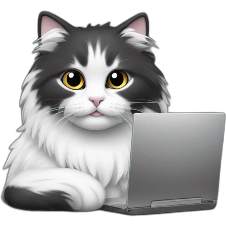 fluffy cat black and white near the computer emoji