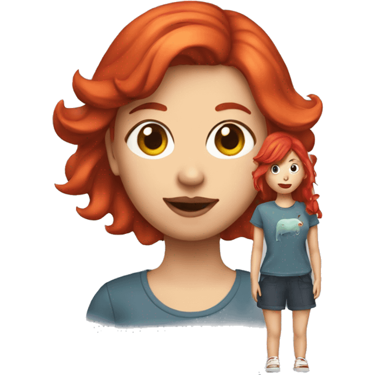 A funny girl with a tuna t shirt and red hair and shoes emoji