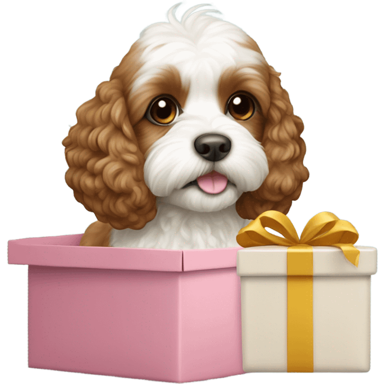 Brown and white cavapoo and gift box emoji