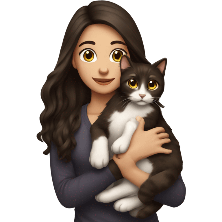 Beautiful woman long dark brown hair hug cat emoji