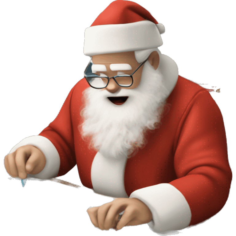 White Father Christmas with real hands is sitting on a desk, writing something down on a sheet of paper, solving complicated math puzzles, you can see the math tasks/ exercises emoji