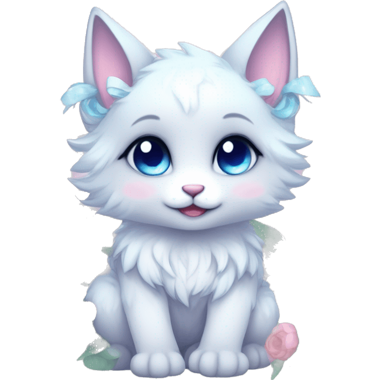 Anthro Cute Cool Blushing Pastel Innocent Shy Kawaii gorgeous sparkly ethereal fantasy animal creature with blue eyes furry sona with flowers and ribbons beautiful aesthetic emoji