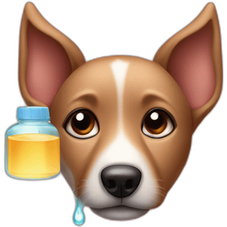 One dog ear isolated with lotion bottle dropping a water drop emoji