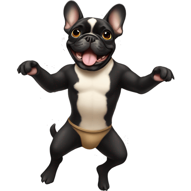 Black and tan colored French bulldog dancing emoji