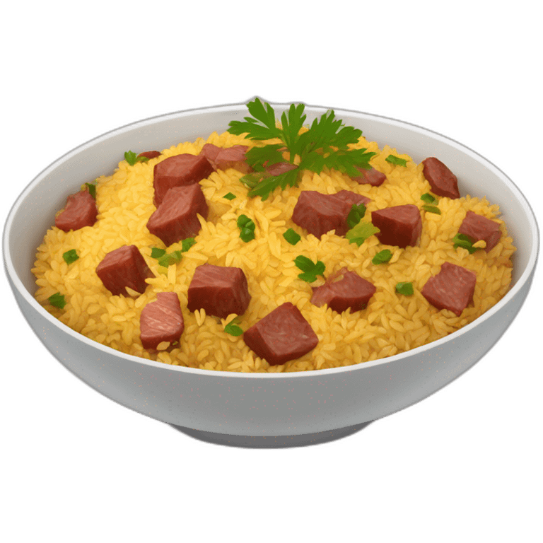 a bowl of Uzbek pilaf with brown pieces of meat on the plate emoji