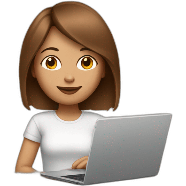 girl with brown bob and fair skin with laptop and coffee emoji