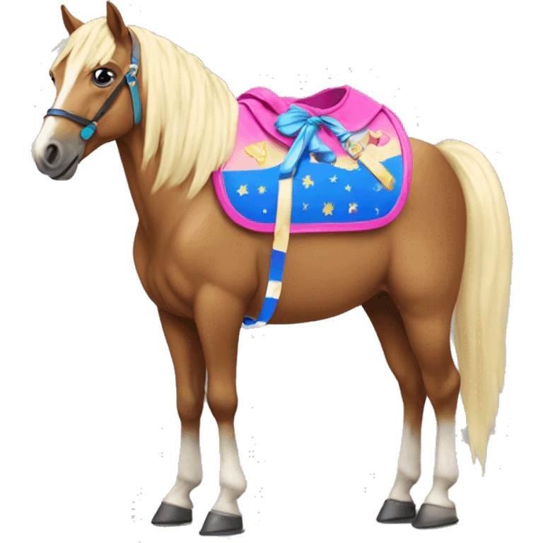 Sad horse wearing a beauty pageant satchel emoji