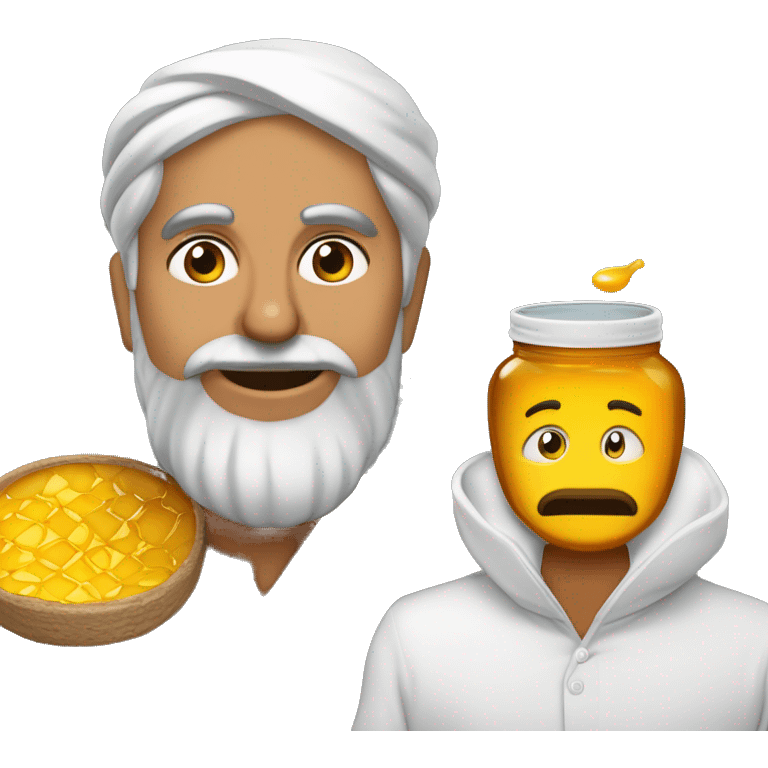 Un hombre de la India con un gran Tarro de miel en la cabeza. El Tarro de Miel cubre su cabeza emoji