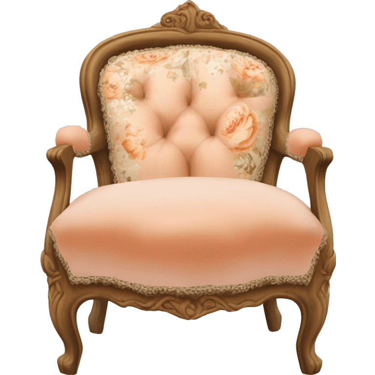 Vintage French chair with Mongolian peach, curly fur on the seat and a vintage peach and white floral on the top in a natural wood frame emoji