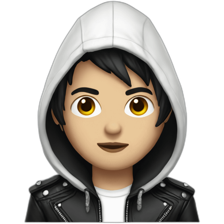 Punk male with white hood leather jacket with dark hair emoji