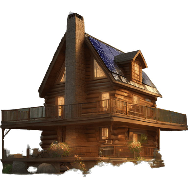 Skywalker Cabin is a very Very big Wood Cabin near tree on the mountain. The cabin is 5 stories tall with extensive solar arrays on top. The cabin sits on thick grass fields. porch lights on ,guests on porch smoking ,flowers and bushes  emoji