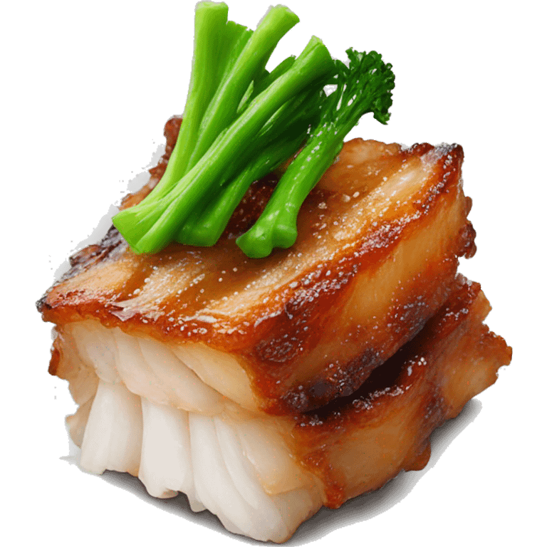 Crispy pork belly on oyster sauce with green vegetable emoji