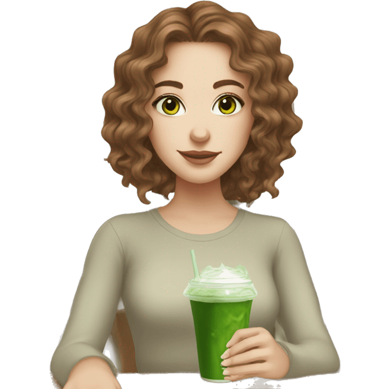 White girl with brown wavy hair drinking iced matcha latte with green eyes emoji