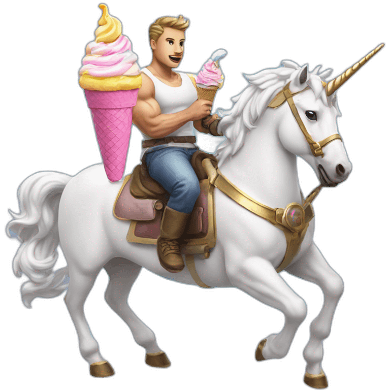 Strong man, machine gun, flying on a unicorn eating ice cream with a unicorn hat on with 500 kids emoji