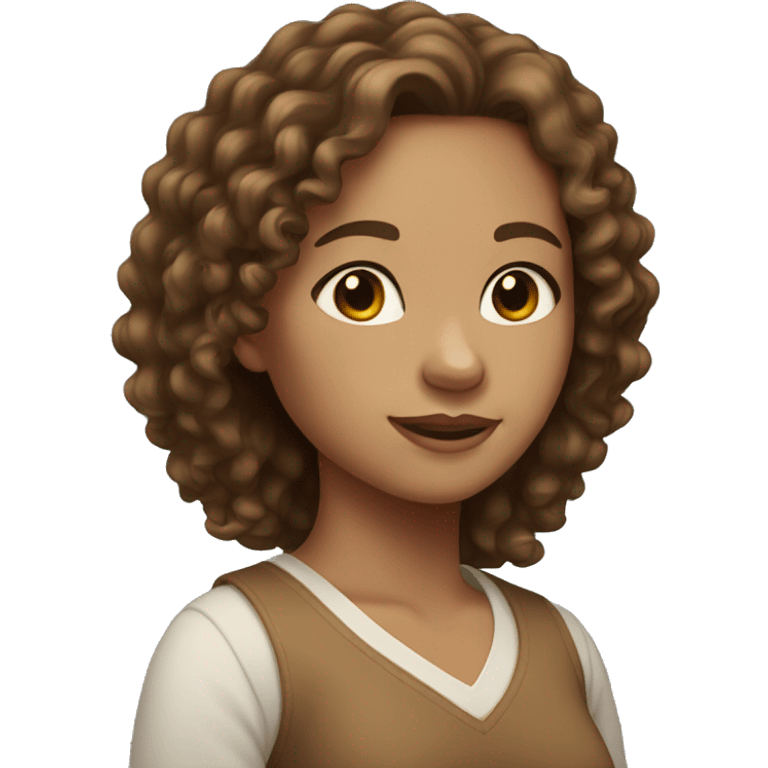 A girl with long brown curly hair with light skin tone emoji