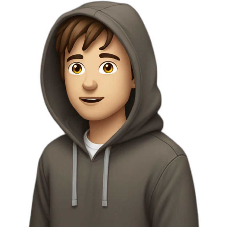 Brown hair 21 years old guy with hoodie looking buildings with cigarets emoji