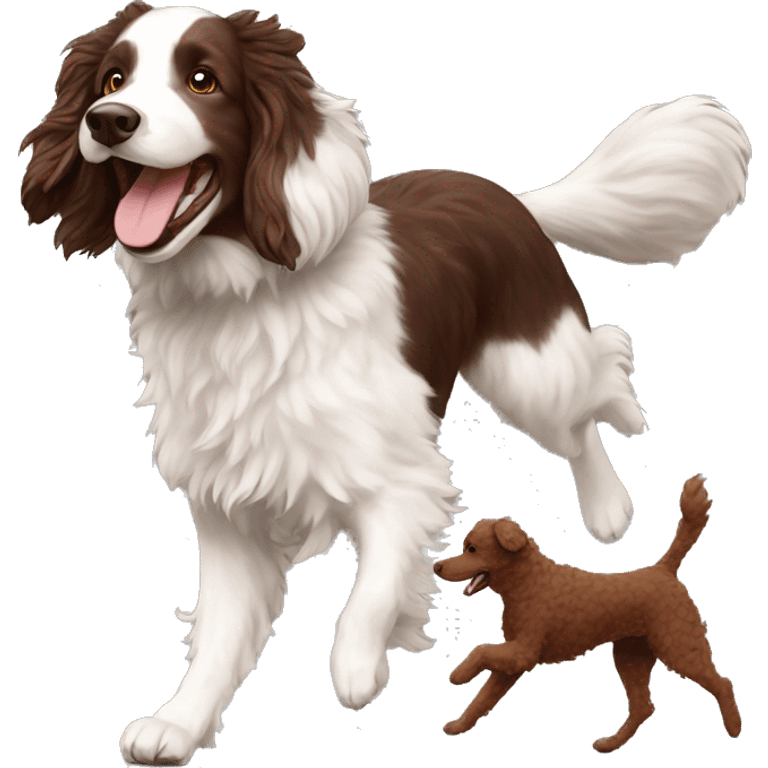 Chocolate doodle, white Australian shepherd, black poodle, gsp running in a line emoji