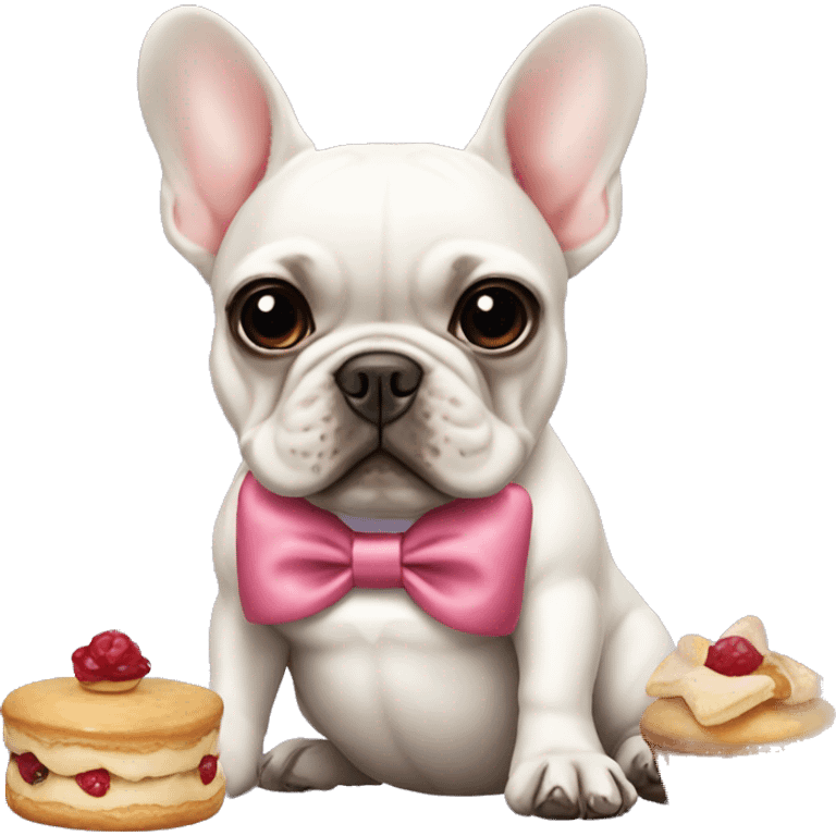 French bulldog that’s wearing a bow and has French pastries  emoji