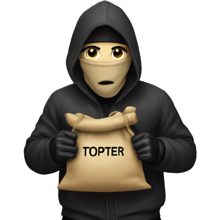 Thief stealing a bag of money that has the word Toptier embroidered on it emoji