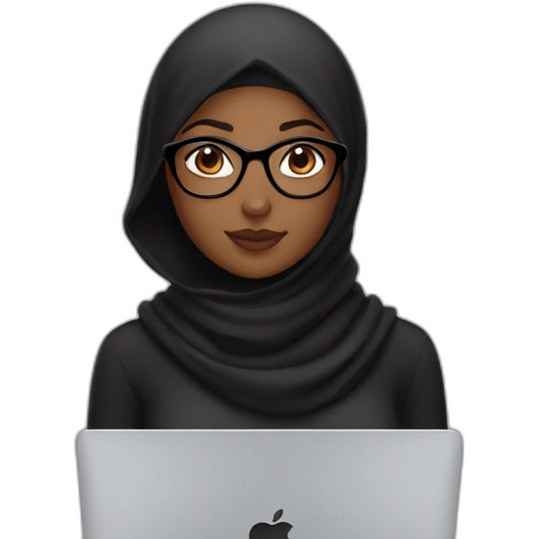 Brown girl with black hijab and black glasses in front of MacBook 💻  emoji