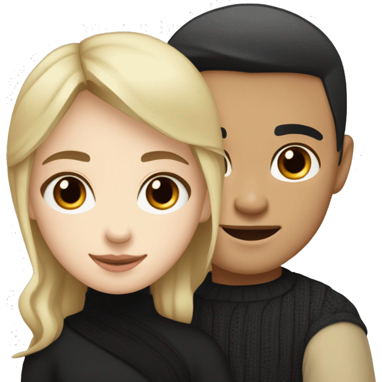 Blonde girl with blue eyes in black sweater and an east asian with light skin man with black hair and black eyes hugging emoji