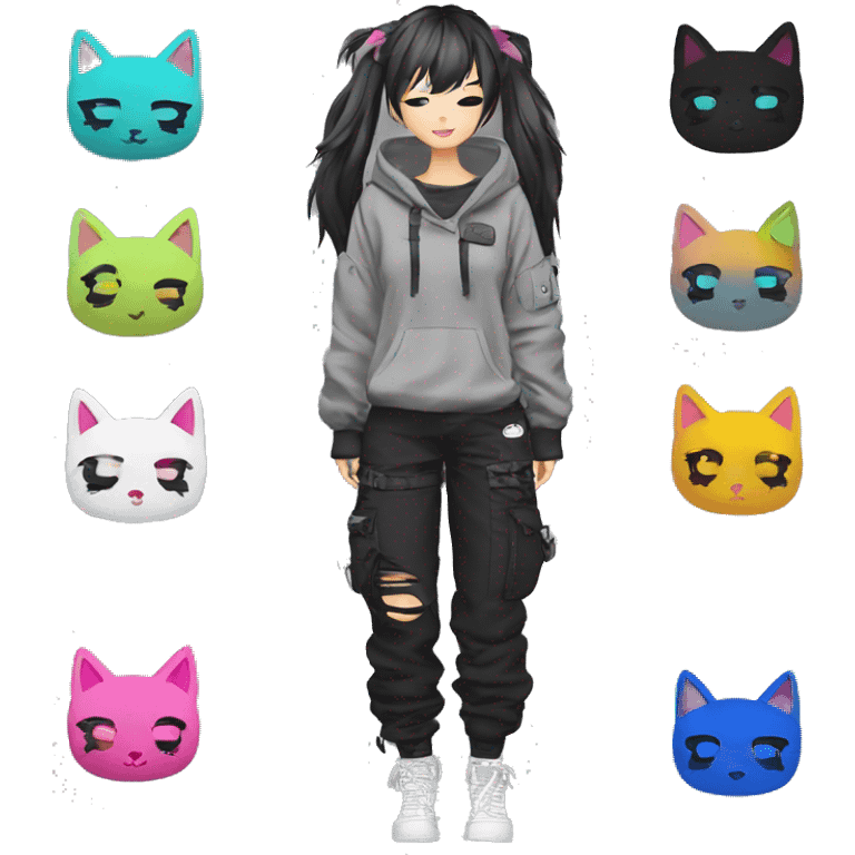 Edgy cool shy colorful Asian urban beautiful pretty anime punk tomboy with cat ears techwear cargo pants hoodie collar  emoji