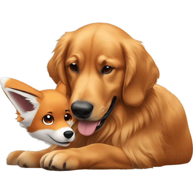 a brown golden retriever playing with a fox emoji