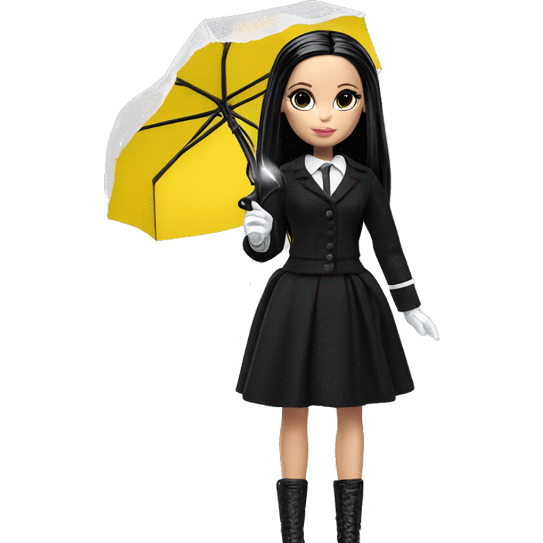 Stunning in the Spotlight Barbie, teen Wednesday Addams,showing off, show full body,accessories  gloves funeral veil, umbrella  emoji