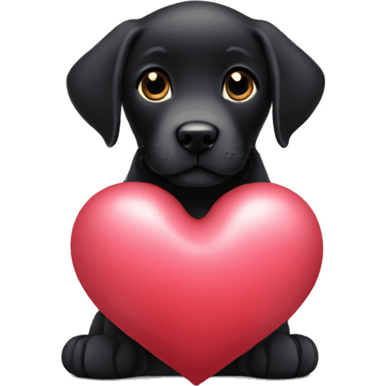 sitting black labrador puppy is holding a heart emoji