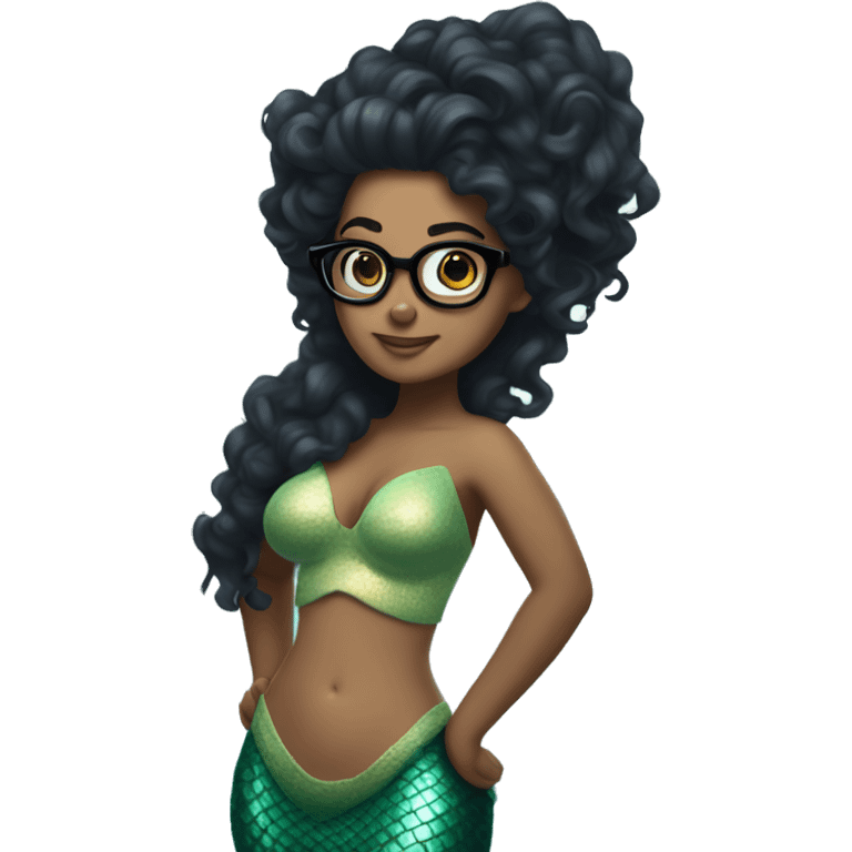 mermaid with curly black hair, wearing glasses, full torso emoji