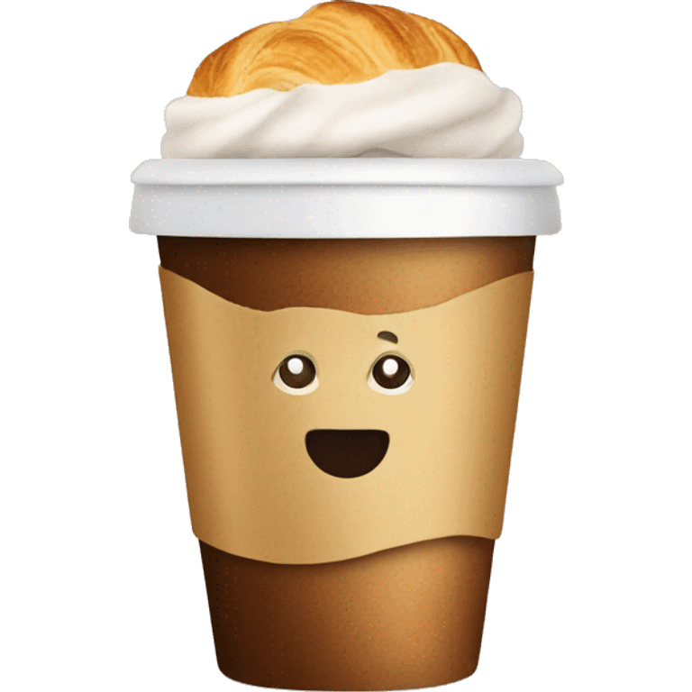 Disposable cup with cappuccino and croissant emoji