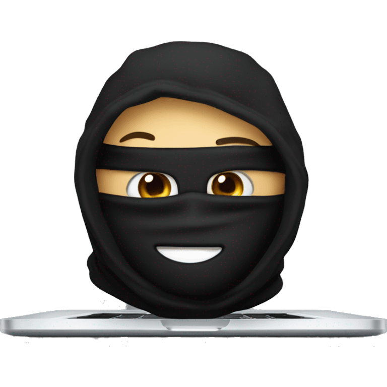 A guy in a black balaclava with eyes in the form of dollars is sitting on an apple laptop emoji