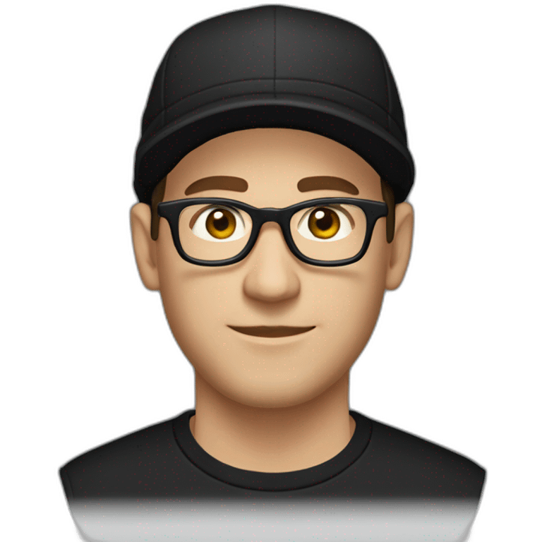 Caucasian man, with a black cap, glasses, and black t-shirt with a drum emoji