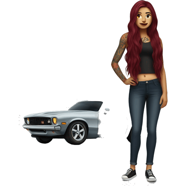 Beautiful tattooed burgundy long haired woman standing next to a car emoji