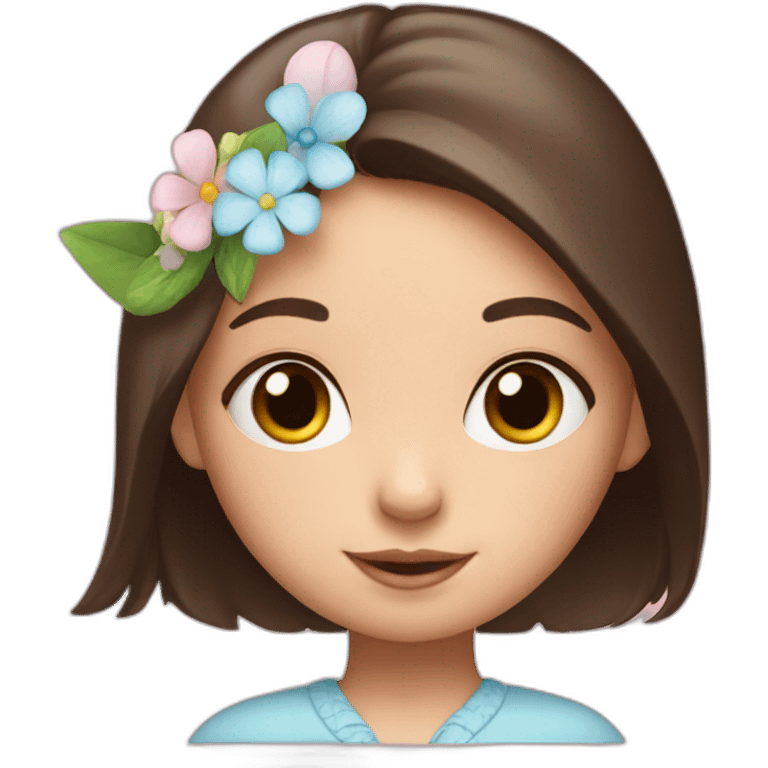 a little brunette girl with blue eyes with bunny ears and flowers emoji