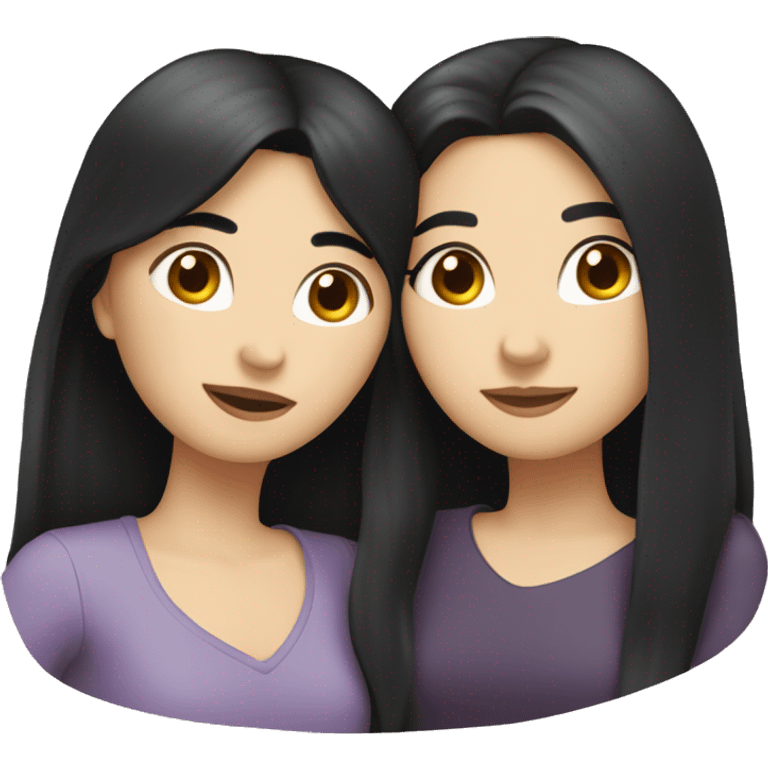 A lesbian couple that both have white skin and long black hair are hugging intimately, and romantically. emoji