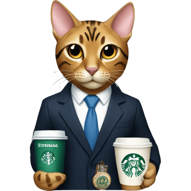 Bengal cat wearing a suit with a Merrill lynch employees badge holding a Starbucks coffee with its hands in a heart emoji