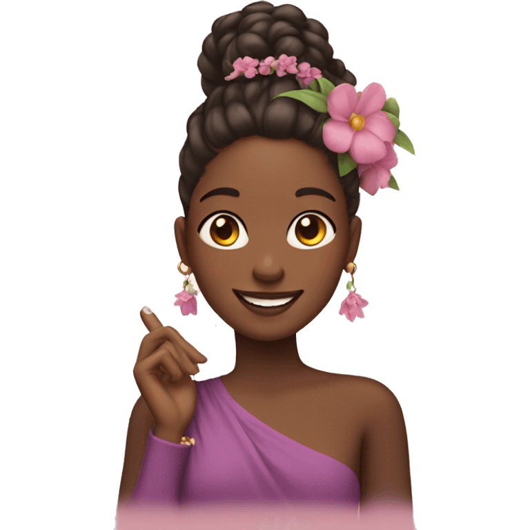 smiling girl with flower earrings with an iphone in her hands emoji