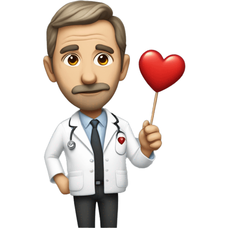 Dr House emoji making a kissy face holding a red heart-shaped lollipop with text on it that says love sucks in white text emoji