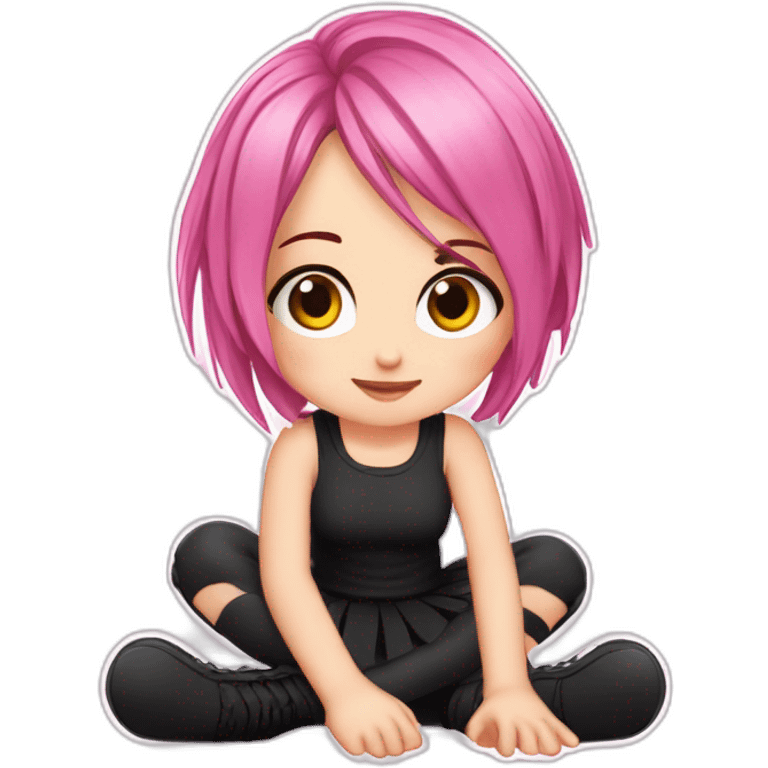 Full body Front view curvy emo girl pink hair sits on the floor straight view hands up black skirt полосатые рваные чулки emoji