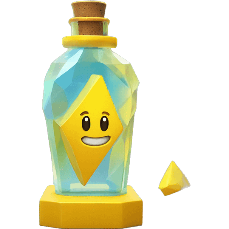 symbolic clouds in a bottle sculpture symbolizing Gemini with a geometric, faceted design. The bottle is standing upright with angular and disney features. The vibrant yellow lightning colors highlights the sharp edges and planes.  emoji