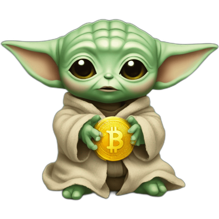 Baby yoda with bitcoin in hands emoji