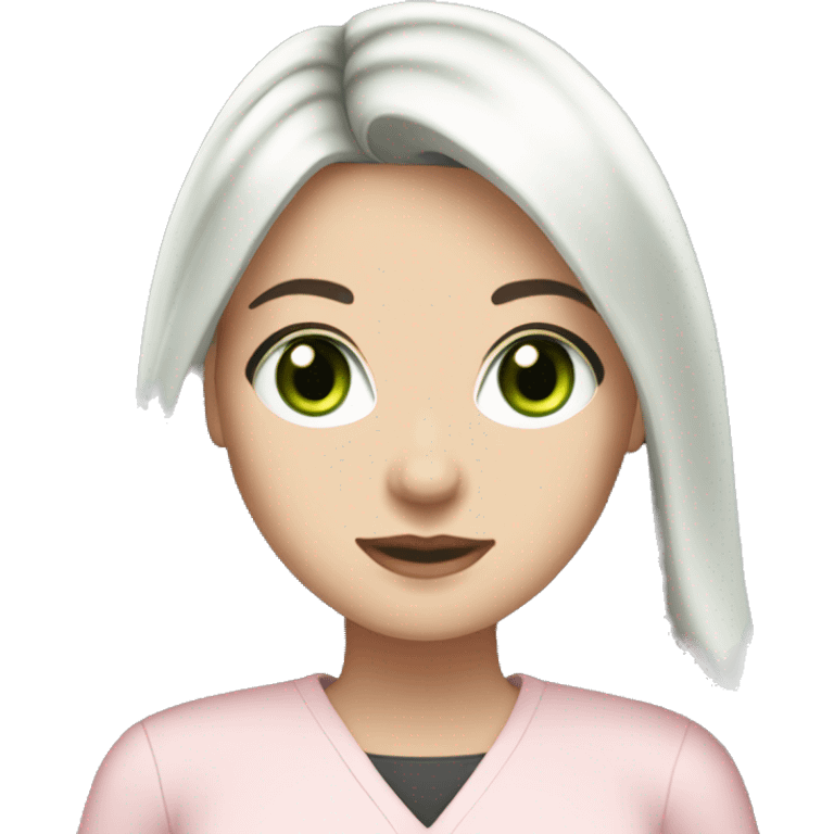 A pretty white girl with very long black hair and green eyes working in a light pink work attire emoji