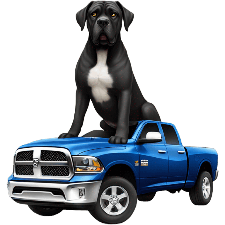 A Cane Corso driving a gold and blue Dodge Ram 1500. emoji