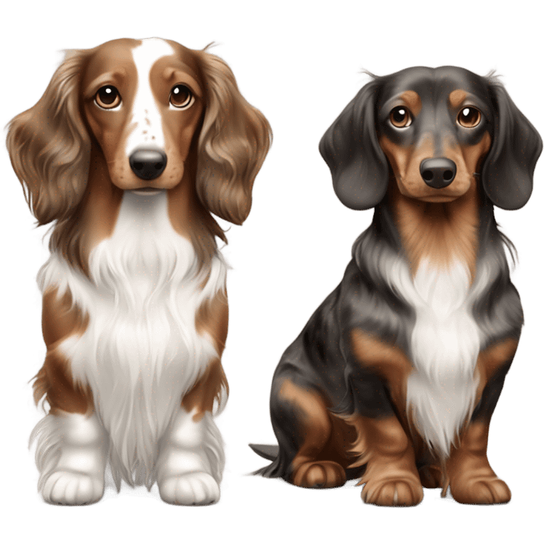 Two brown Merle long haired Dachshunds full body one is smaller emoji