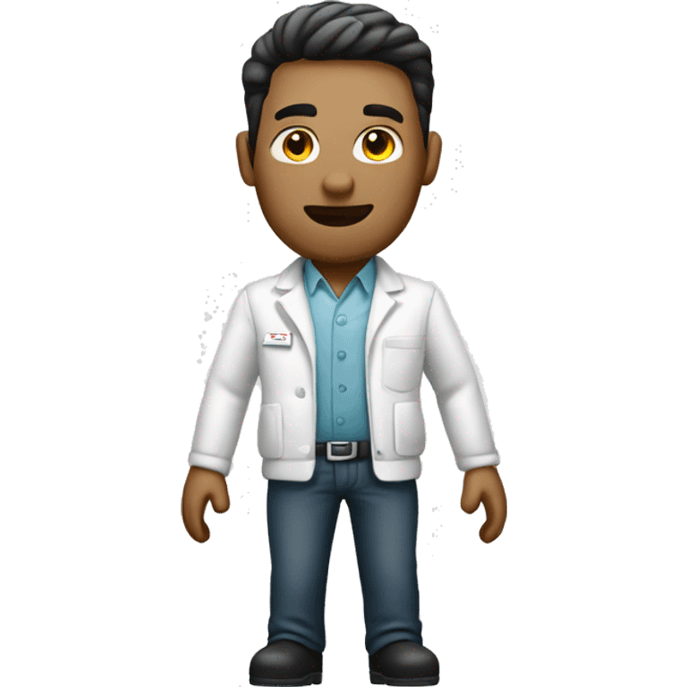 a male pharma employee, full body dressed with white jacket, short. with white bottons, crossed emoji