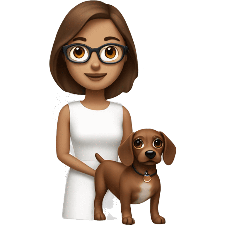 the brown hair girl with blue eye wear a white minimal dress and her brown sausage dog emoji